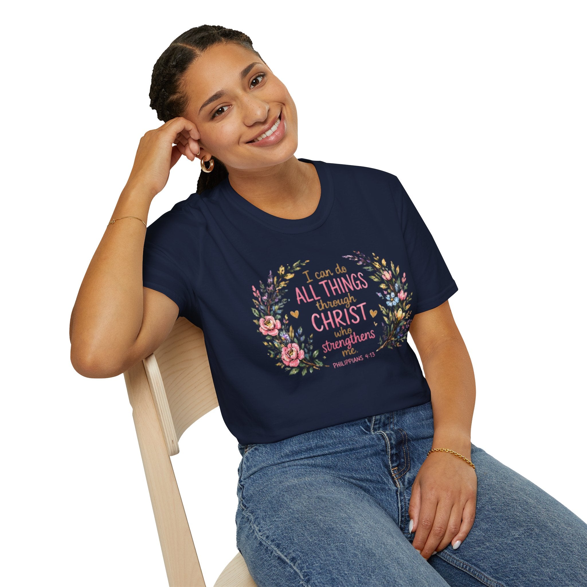 Christian Floral T‑Shirt — "I Can Do All Things Through Christ" Inspirational Tee