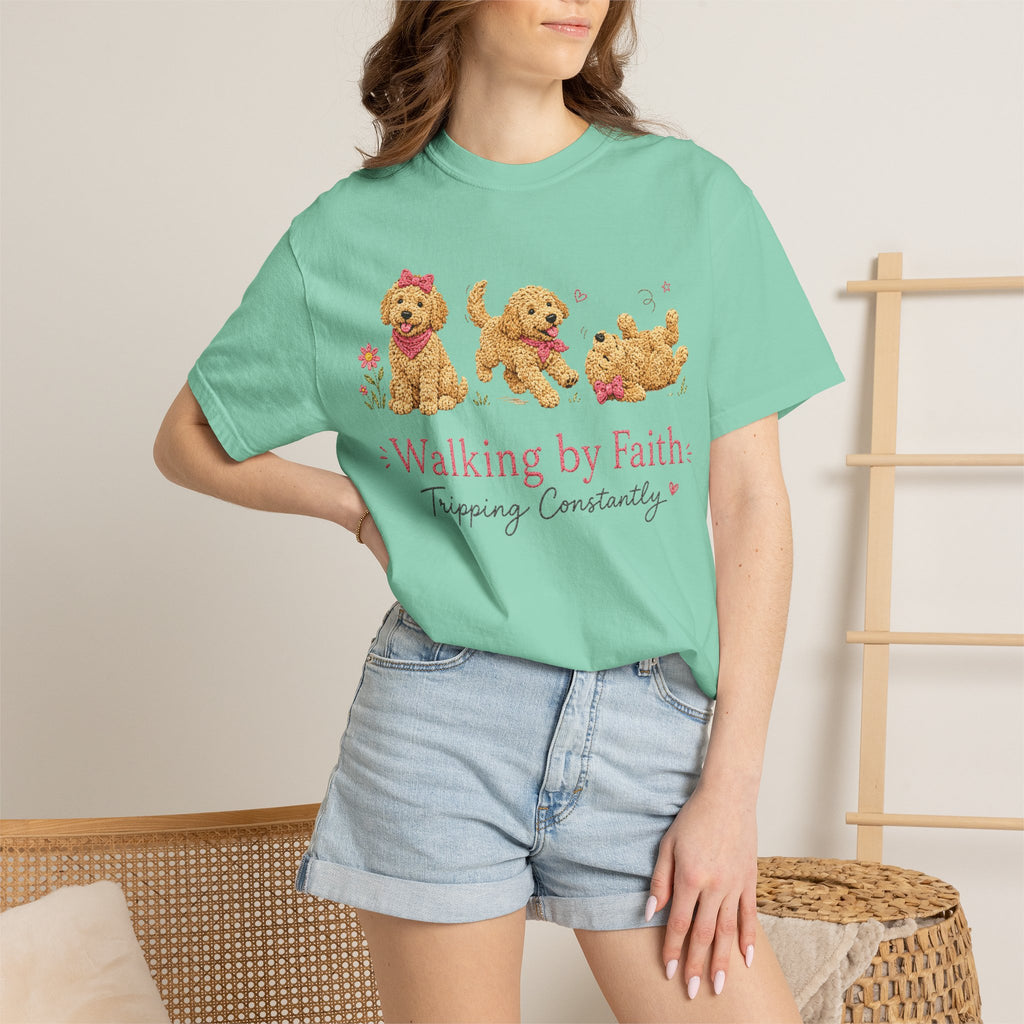 T-Shirt — 'Walking by Faith, Tripping Constantly' Cute Puppy Faith Tee
