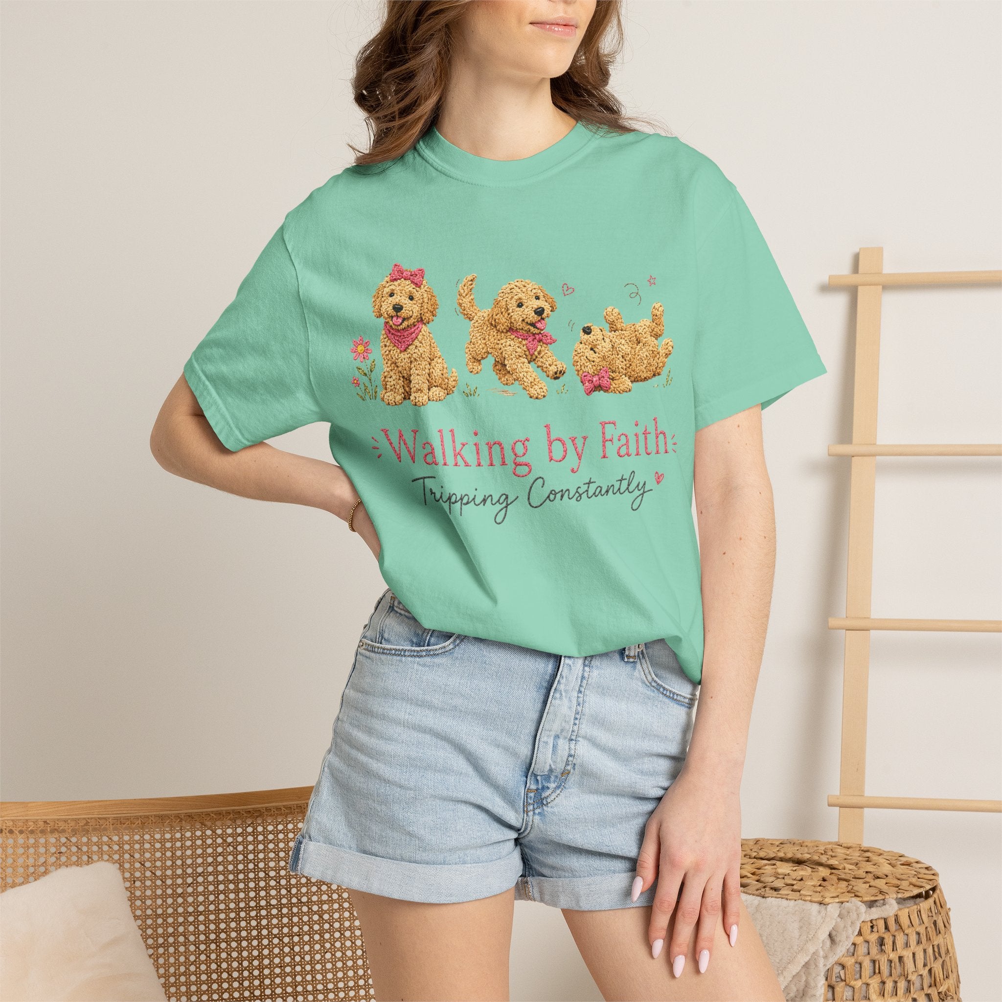 T-Shirt — 'Walking by Faith, Tripping Constantly' Cute Puppy Faith Tee