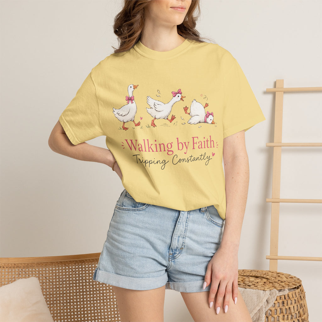 Walking by Faith Duck T‑Shirt — 'Walking by Faith, Tripping Constantly' Cute Christian Tee