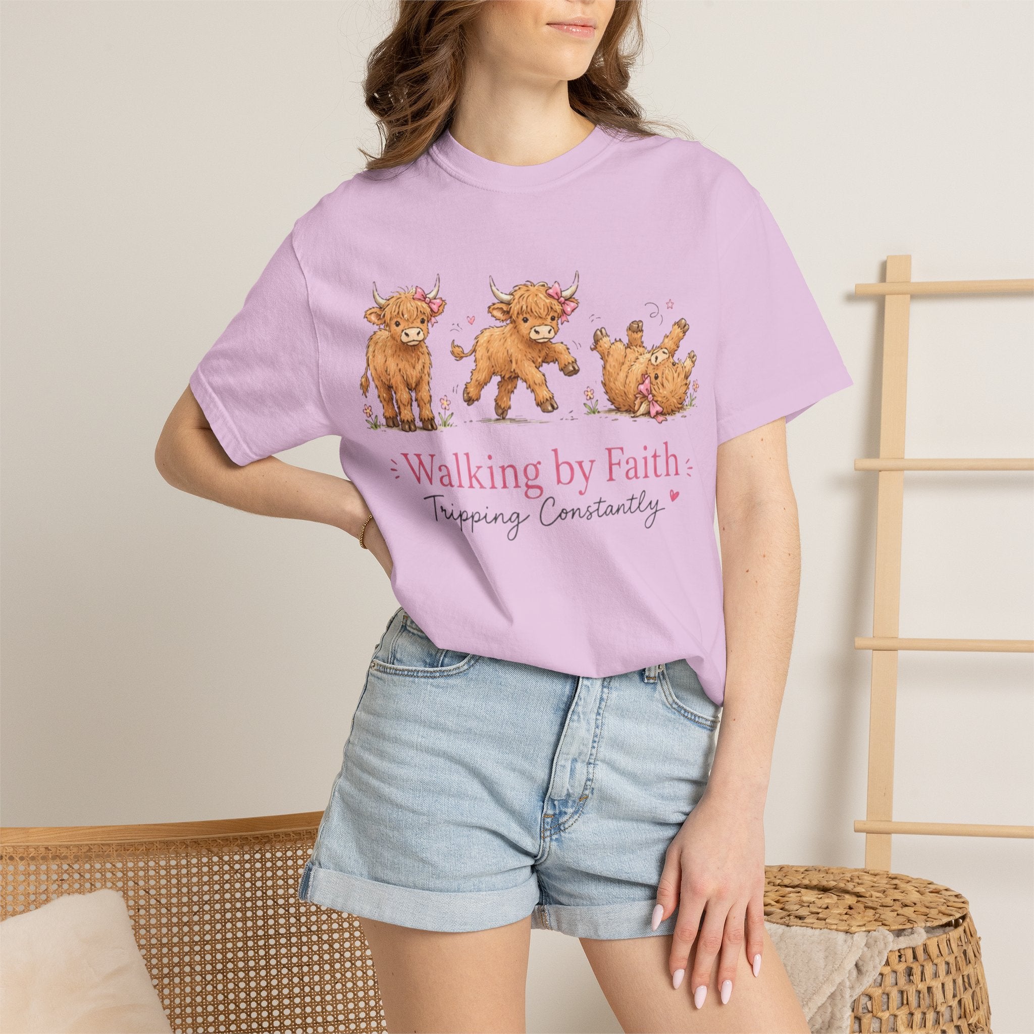 Walking by Faith T‑Shirt — Cute Highland Cow Trio "Walking by Faith, Tripping Constantly"