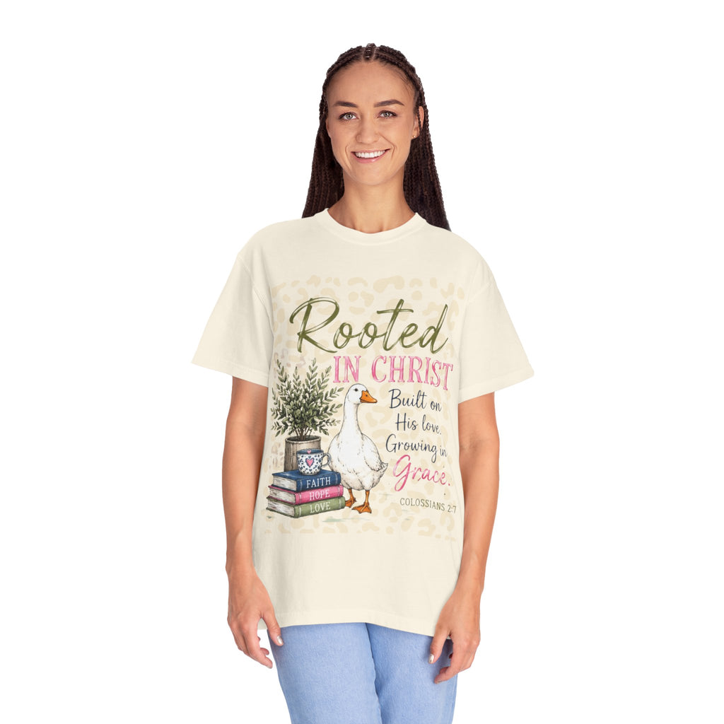 Rooted in Christ T-Shirt — Scripture Goose Faith Design (Colossians 2:7)