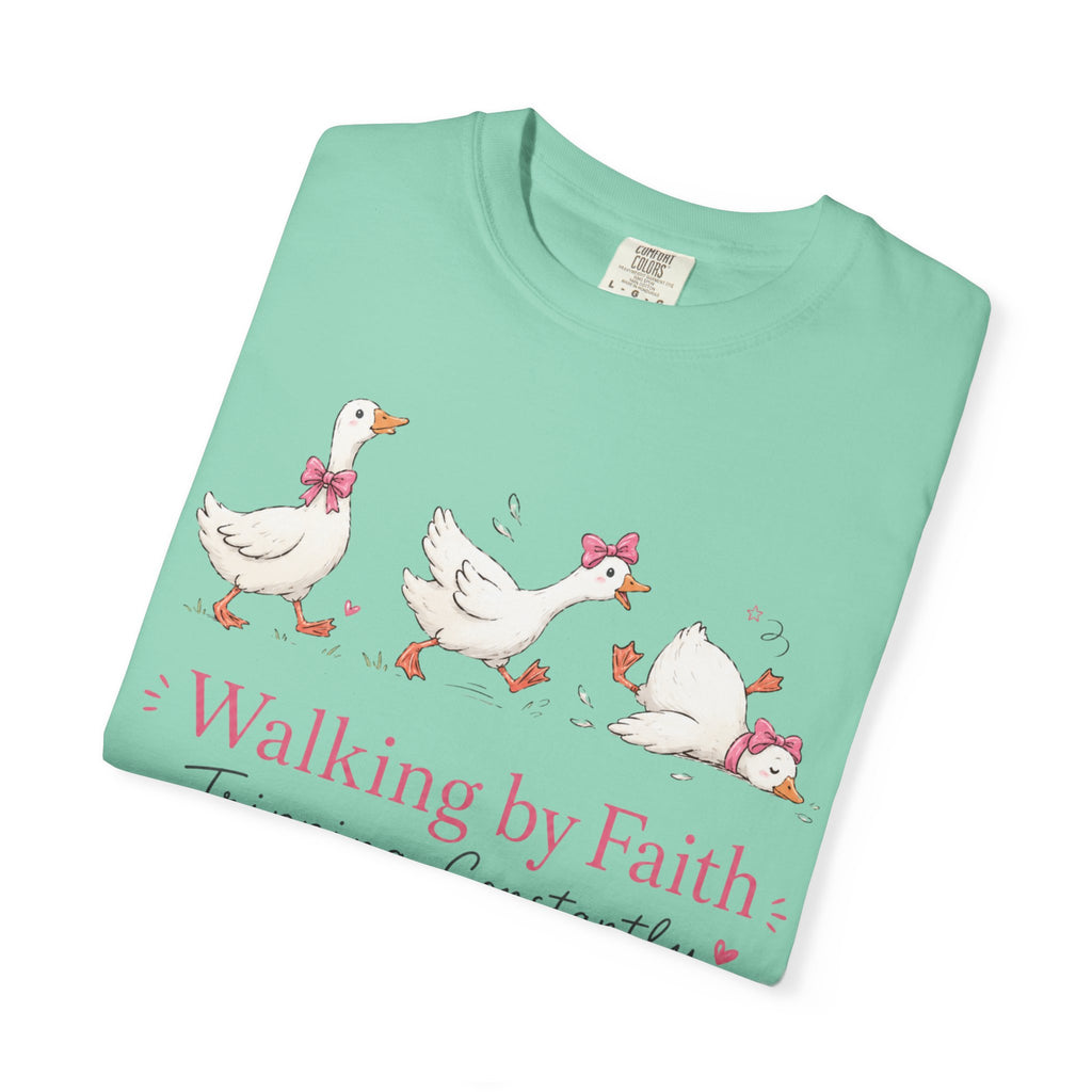 Walking by Faith Duck T‑Shirt — 'Walking by Faith, Tripping Constantly' Cute Christian Tee