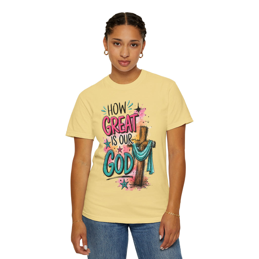 How Great Is Our God Christian T-Shirt — Cross Illustration & Inspirational Scripture Tee
