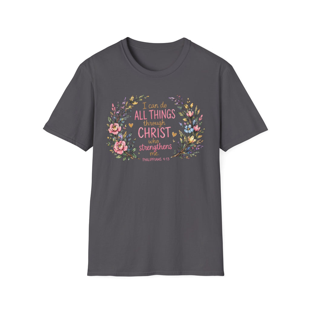 Christian Floral T‑Shirt — "I Can Do All Things Through Christ" Inspirational Tee