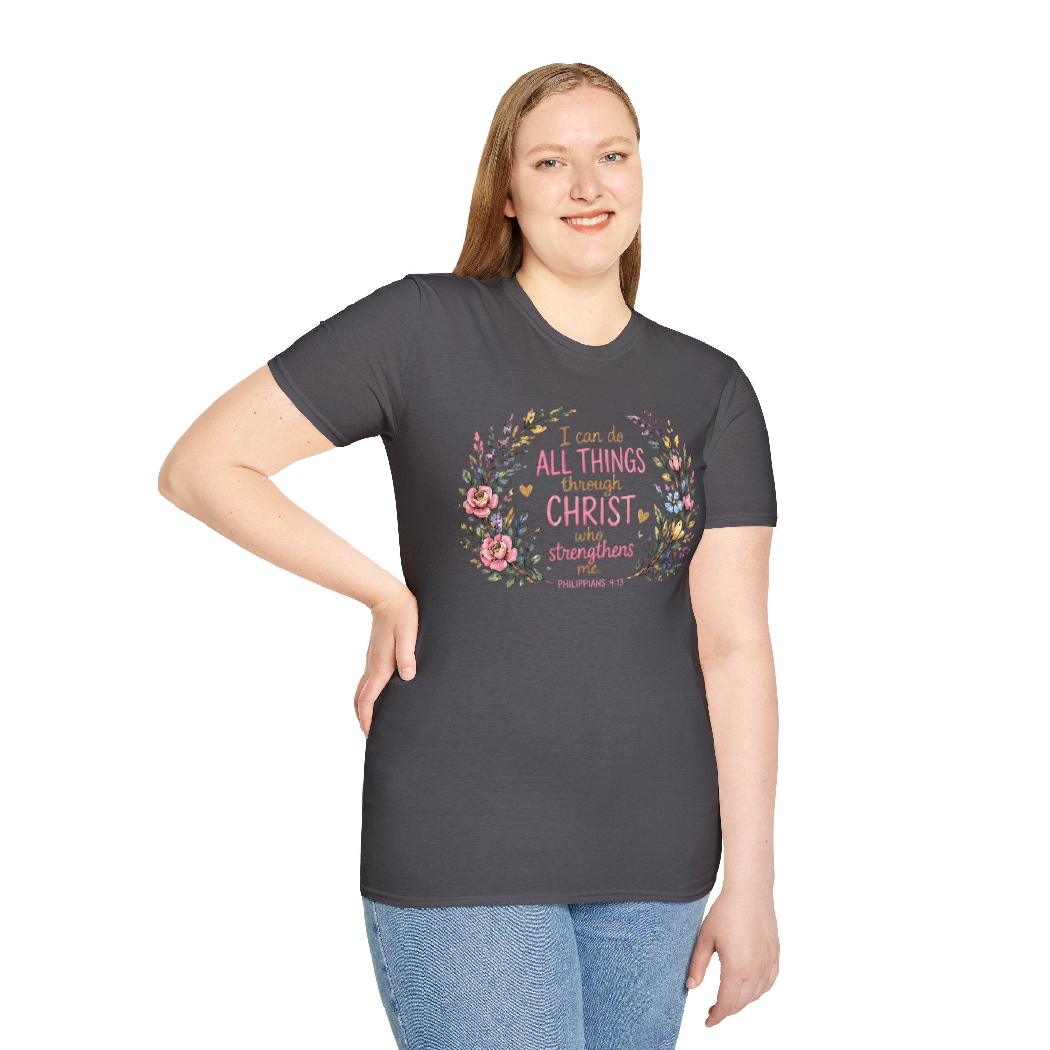 Christian Floral T‑Shirt — "I Can Do All Things Through Christ" Inspirational Tee