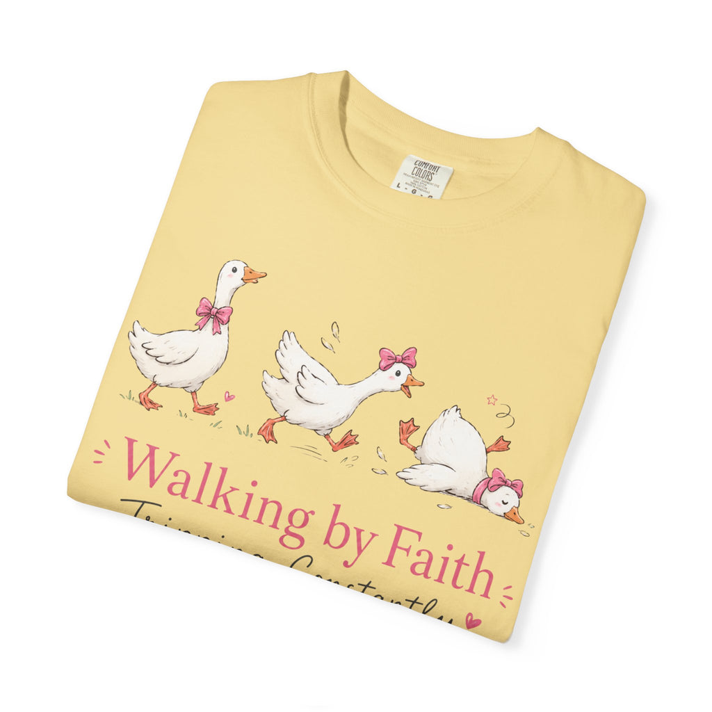 Walking by Faith Duck T‑Shirt — 'Walking by Faith, Tripping Constantly' Cute Christian Tee