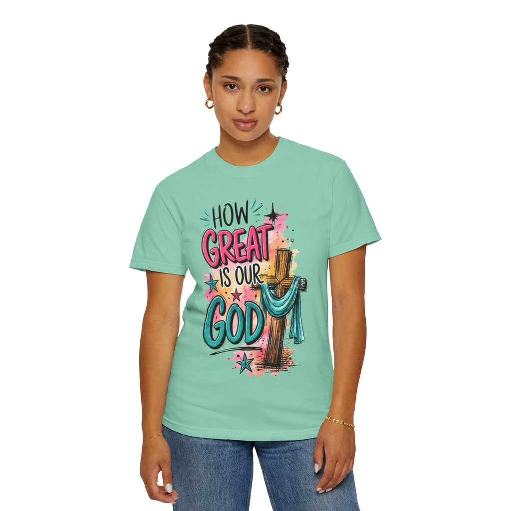 How Great Is Our God Christian T-Shirt — Cross Illustration & Inspirational Scripture Tee