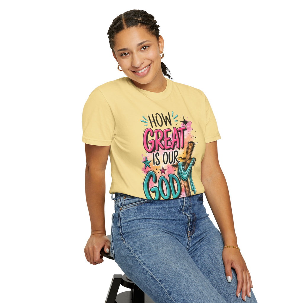 How Great Is Our God Christian T-Shirt — Cross Illustration & Inspirational Scripture Tee