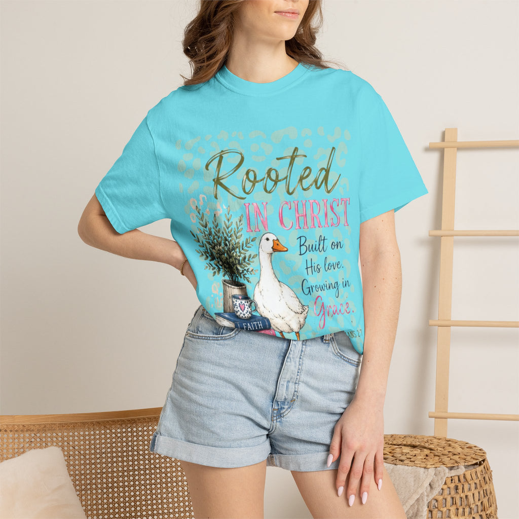 Rooted in Christ T-Shirt — Scripture Goose Faith Design (Colossians 2:7)