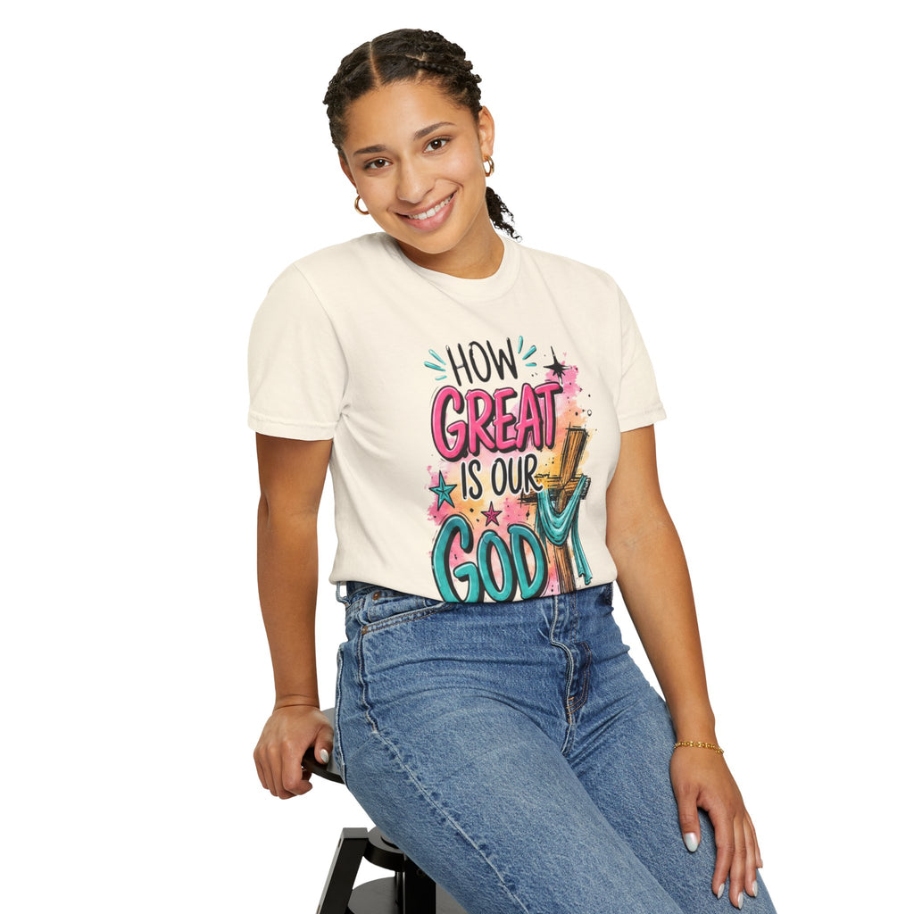 How Great Is Our God Christian T-Shirt — Cross Illustration & Inspirational Scripture Tee