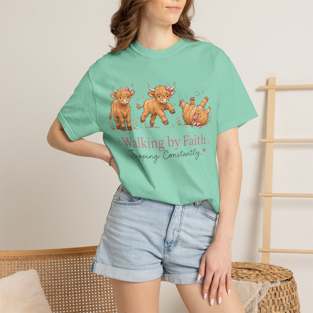 Walking by Faith T‑Shirt — Cute Highland Cow Trio "Walking by Faith, Tripping Constantly"
