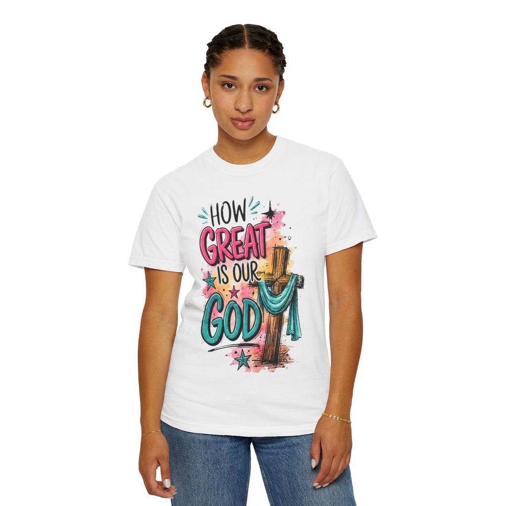 How Great Is Our God Christian T-Shirt — Cross Illustration & Inspirational Scripture Tee