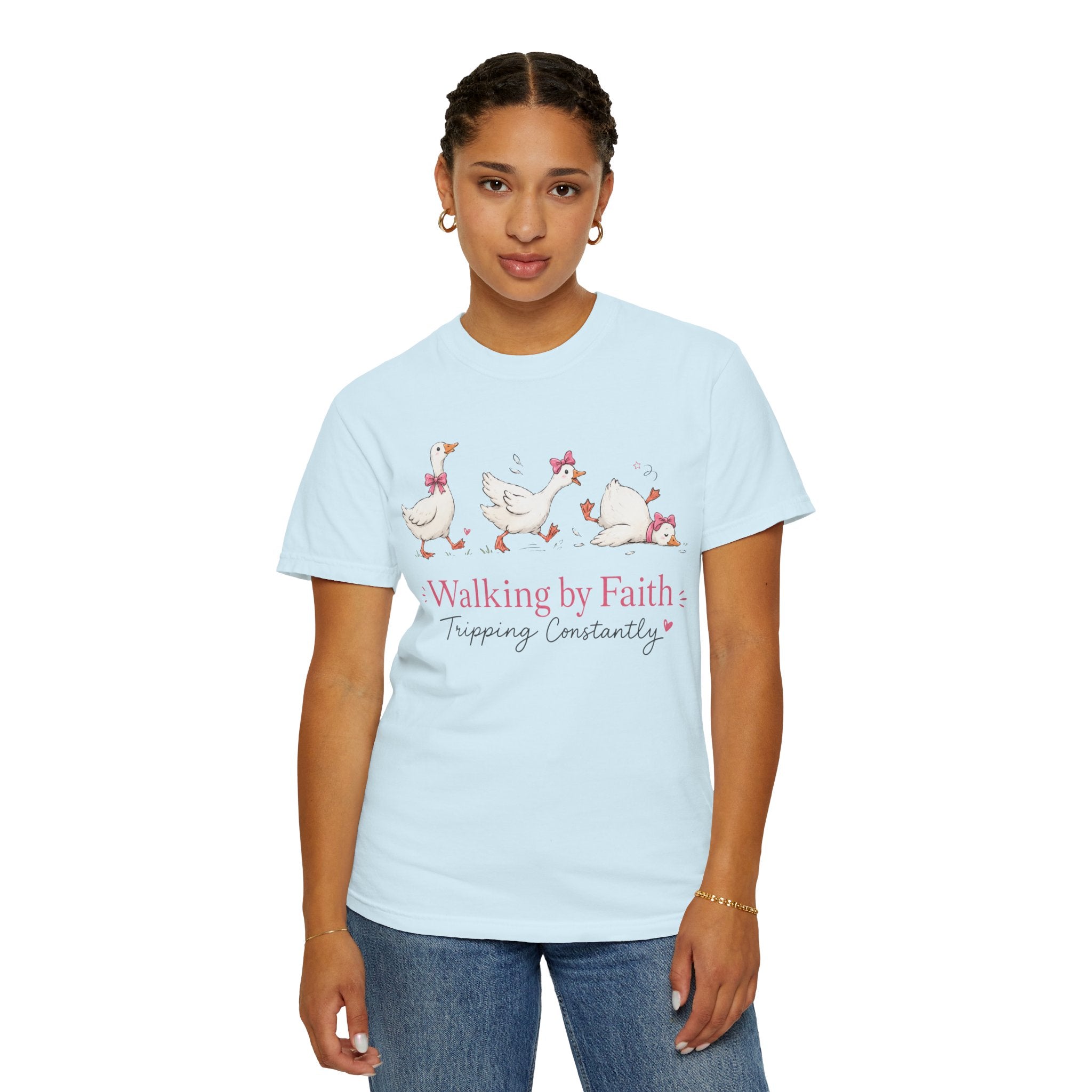 Walking by Faith Duck T‑Shirt — 'Walking by Faith, Tripping Constantly' Cute Christian Tee