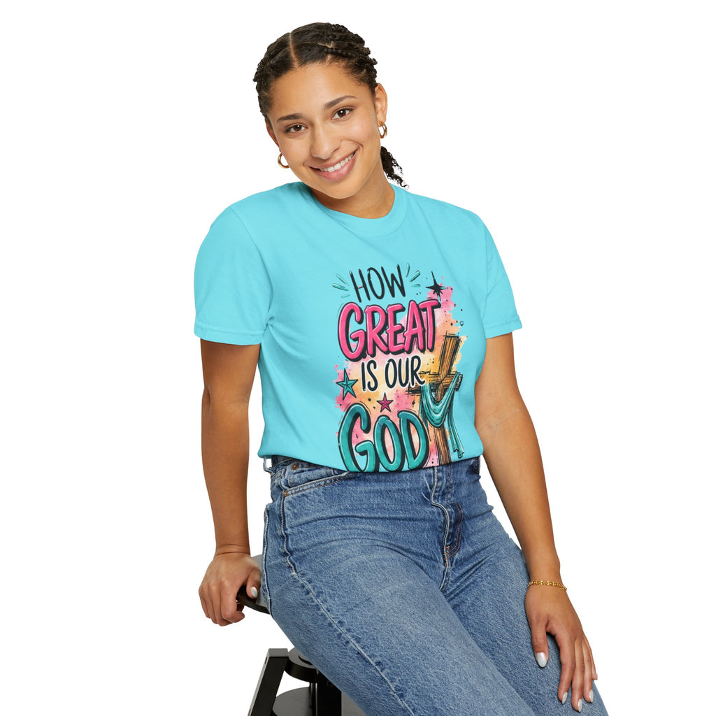 How Great Is Our God Christian T-Shirt — Cross Illustration & Inspirational Scripture Tee