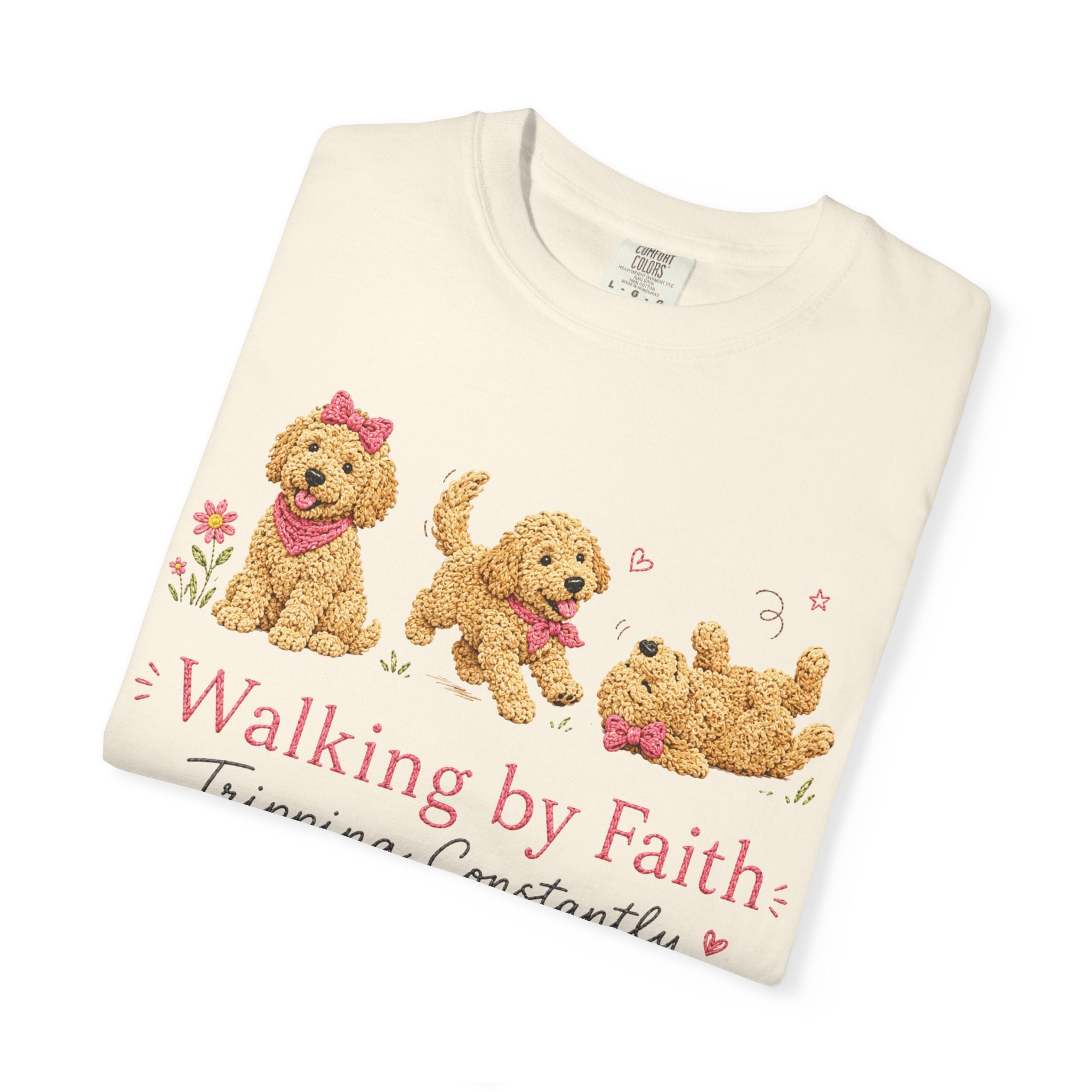 T-Shirt — 'Walking by Faith, Tripping Constantly' Cute Puppy Faith Tee